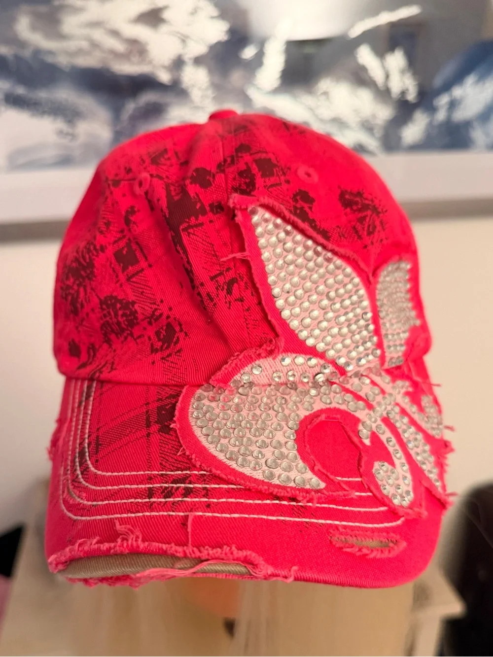 Pink Rhinestone Distressed Fleur-de-Lis Baseball Cap - Picture 2 of 4